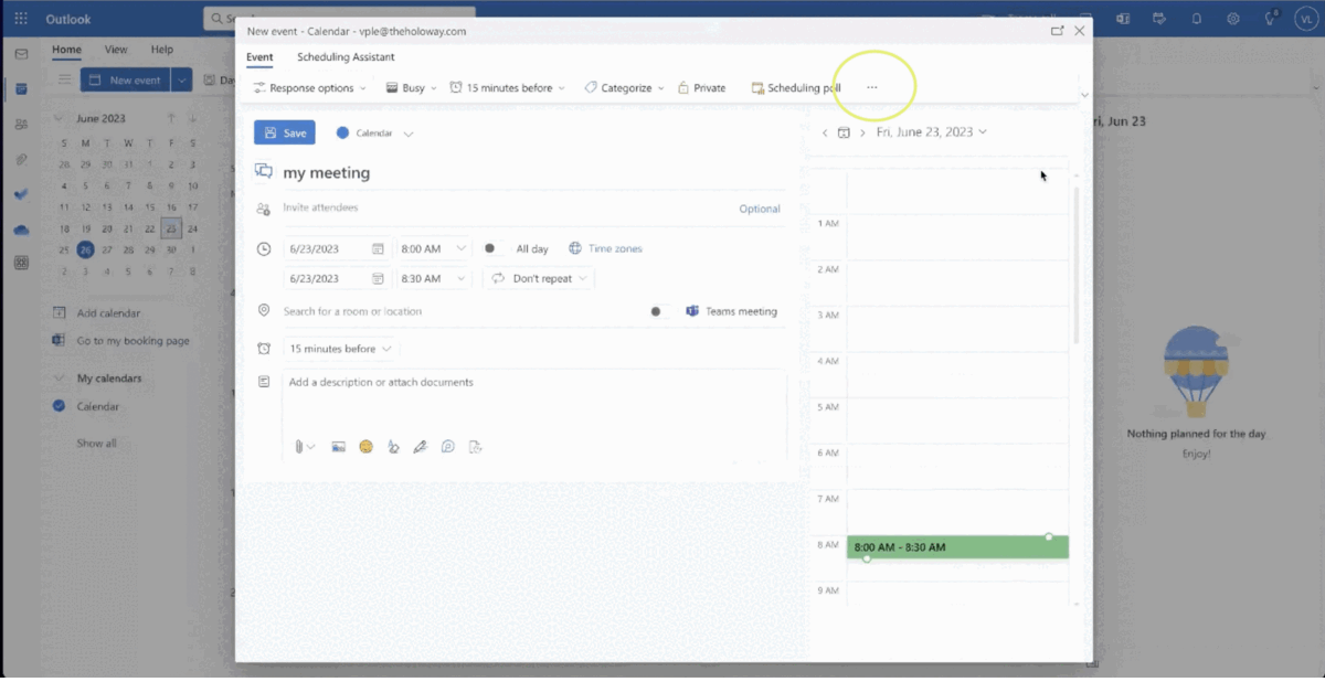 Roam guide for scheduling meetings in microsoft outlook calendar